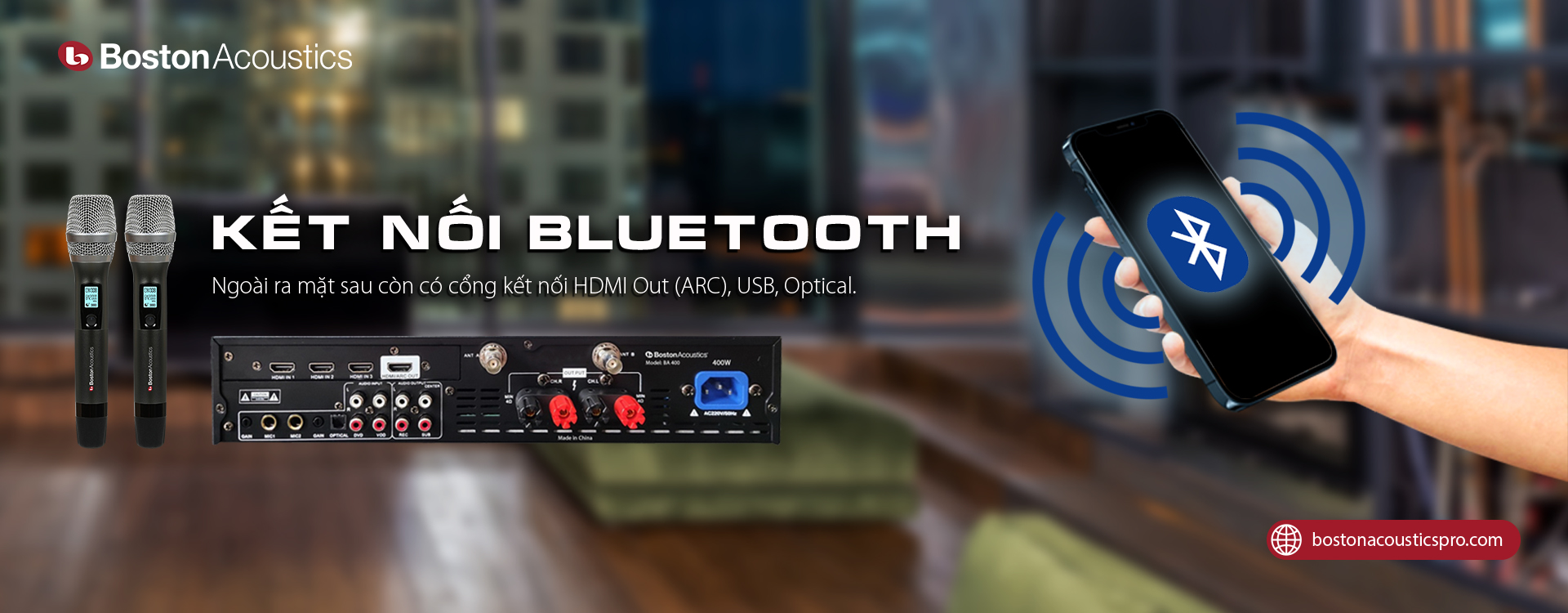 Khả năng kết nối Bluetooth tiện lợi của amply Boston Acoustics BA400